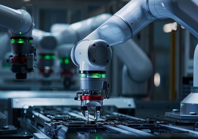 Several white robotic arms with gripping tools operate on an automated production line. In the foreground, one robotic arm precisely places components on a circuit board. The scene conveys the impression of a cutting-edge industrial manufacturing environment.