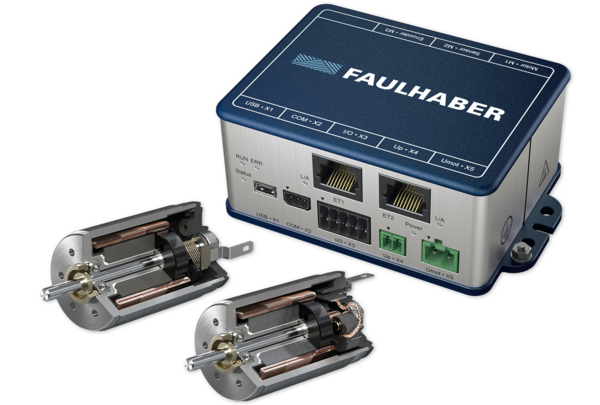 FAULHABER Tutorial Pulse width modulation - DC-motor and motion controller group image Group photo of two FAULHABER DC motors and a motion controller.