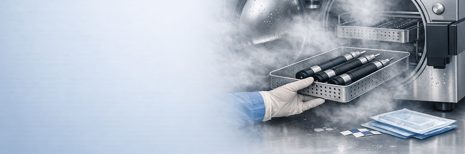 一只戴手套的手将装有外科手持器械的托盘推入一台打开并冒出蒸汽的高压灭菌器中。该场景展示了医疗器械的灭菌过程，并作为关于可高压灭菌驱动系统网络研讨会的预告图。