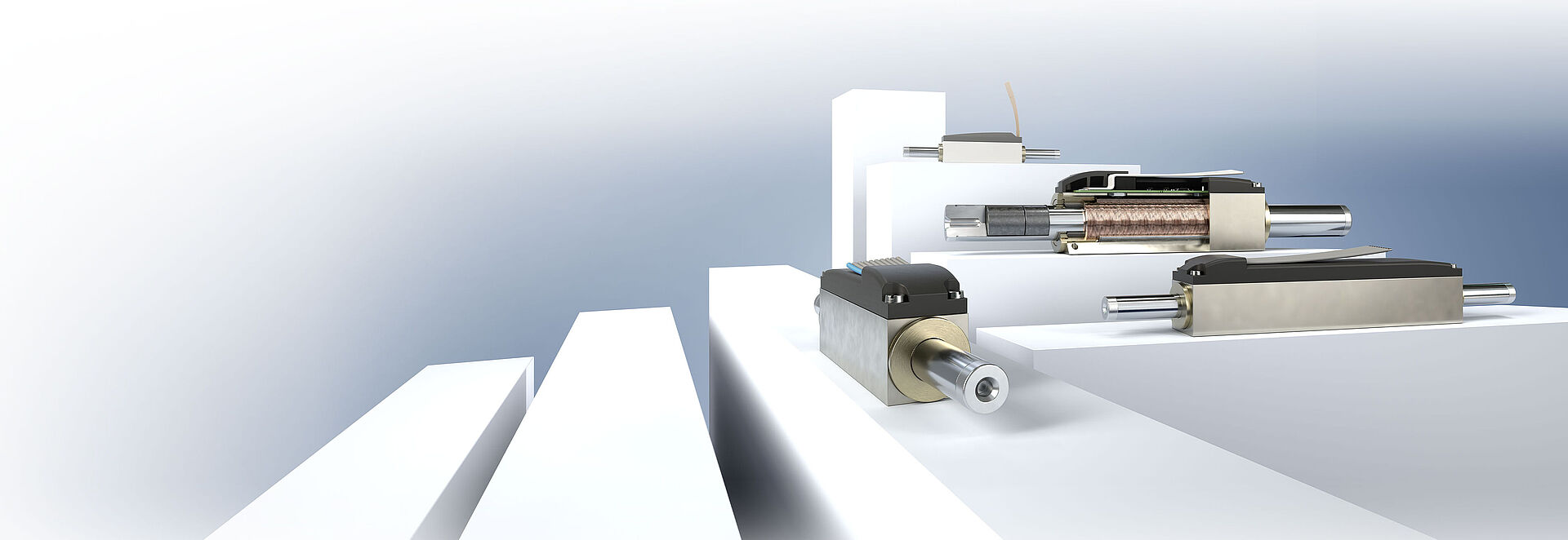 Four different linear motors from FAULHABER, arranged on white stages against a gray-blue background.