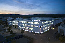 Aerial night view of the FAULHABER Building in Germany