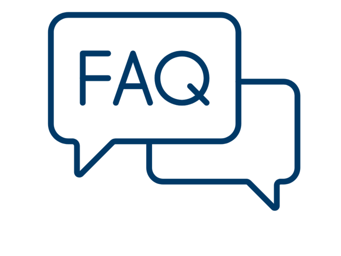 Graphic with two speech bubbles, the front one contains the term "FAQ", the back one is empty