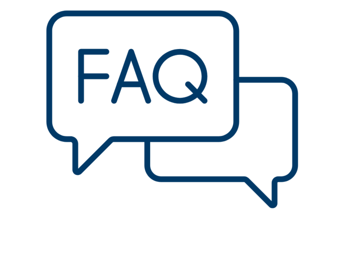 Graphic with two speech bubbles, the front one contains the term "FAQ", the back one is empty