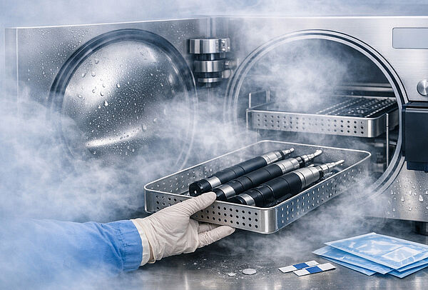 一只戴手套的手将装有外科手持器械的托盘推入一台打开并冒出蒸汽的高压灭菌器中。该场景展示了医疗器械的灭菌过程，并作为关于可高压灭菌驱动系统网络研讨会的预告图。