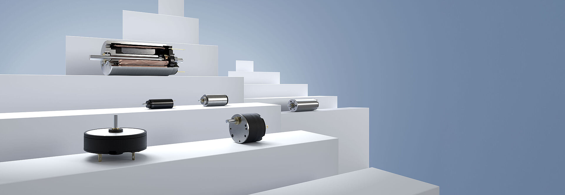 Six different DC-motors from FAULHABER, arranged on white stages against a gray-blue background.