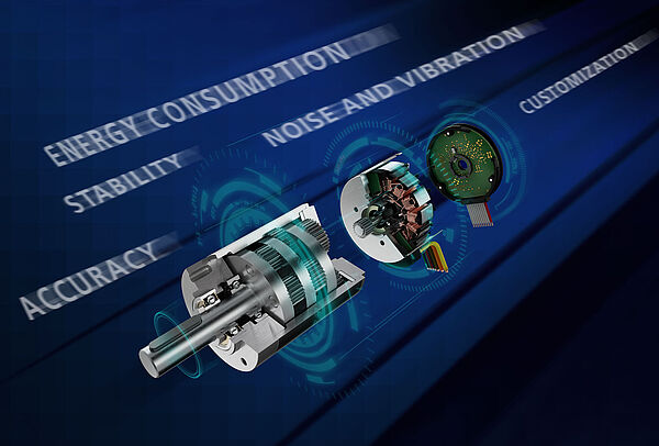 网络研讨会预告图片，展示了一个 FAULHABER 驱动系统（包括电机、减速器和编码器）的爆炸图，背景为蓝色。旁边出现的关键词突出了 Motion Solutions 网络研讨会的主题。