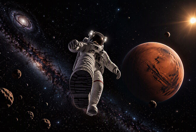 宇航员漂浮在太空中，背景是布满繁星的天空、行星、小行星和遥远的星系。该画面象征着高要求应用中的技术创新。