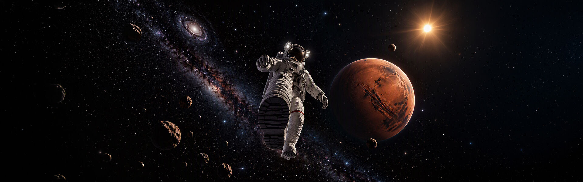 宇航员漂浮在太空中，背景是布满繁星的天空、行星、小行星和遥远的星系。该画面象征着高要求应用中的技术创新。