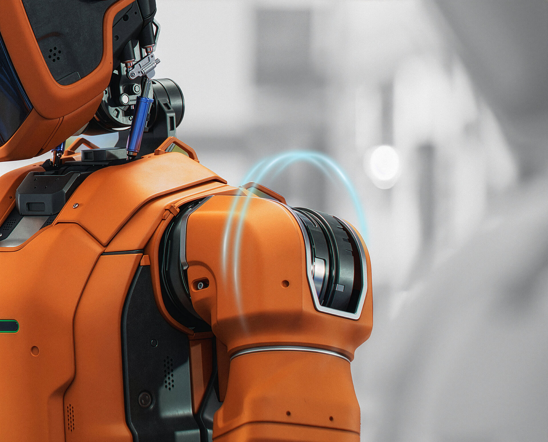 Close-up of an orange humanoid robot focusing on the shoulder joint. The scene illustrates an application of the FAULHABER BXI drive, specifically developed for the high demands placed on joints in humanoid robots.