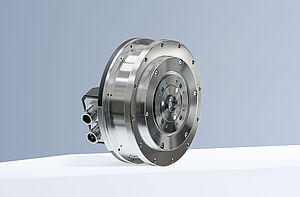 FAULHABER品牌的无刷扁平电机9317... BXI G置于白色台阶上，背景为灰蓝色。