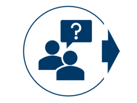 [Translate to Chinese:] Icon showing two people and a speech bubble with a question mark, symbolizing the clarification phase in the project management process.