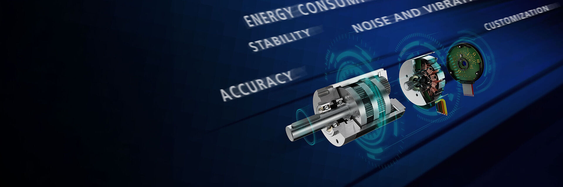 网络研讨会预告图片，展示了一个 FAULHABER 驱动系统（包括电机、减速器和编码器）的爆炸图，背景为蓝色。旁边出现的关键词突出了 Motion Solutions 网络研讨会的主题。