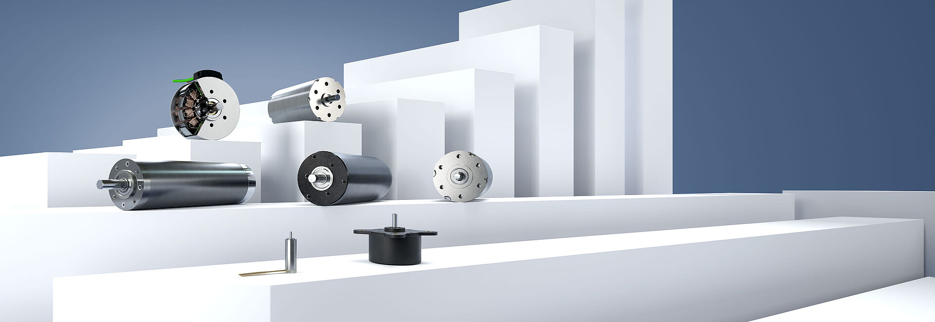 Seven different brushless motors from FAULHABER, arranged on white stages against a gray-blue background.