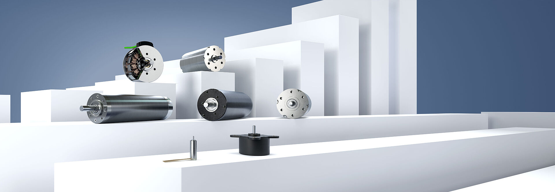 Seven different brushless motors from FAULHABER, arranged on white stages against a gray-blue background.