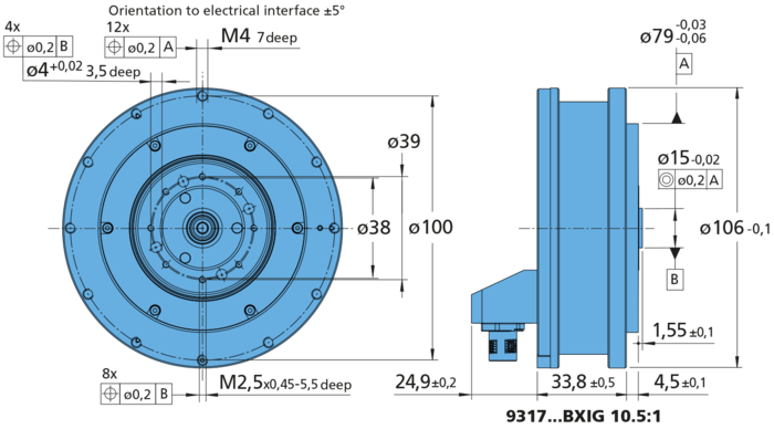 Drawing of the brushless flat motor 9317 ... BXI G from Faulhaber in front view