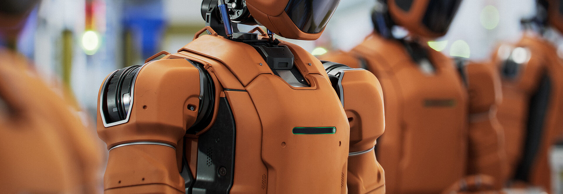 一排橙色的人形机器人，头部配有深色面罩，出现在一个现代化的制造环境中。画面展现了一个工业生产线的场景，人形机器人积极参与自动化流程。