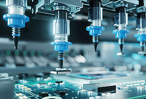 自动贴片系统在电子制造过程中将元件精确放置到电路板上的特写镜头。