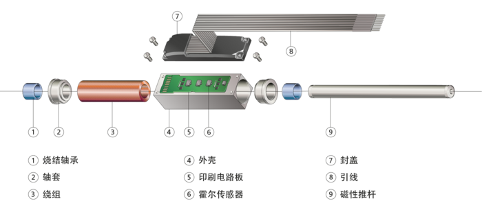 FAULHABER 直线电机爆炸图 显示 FAULHABER 直线电机结构的标有部件的剖视示意图。