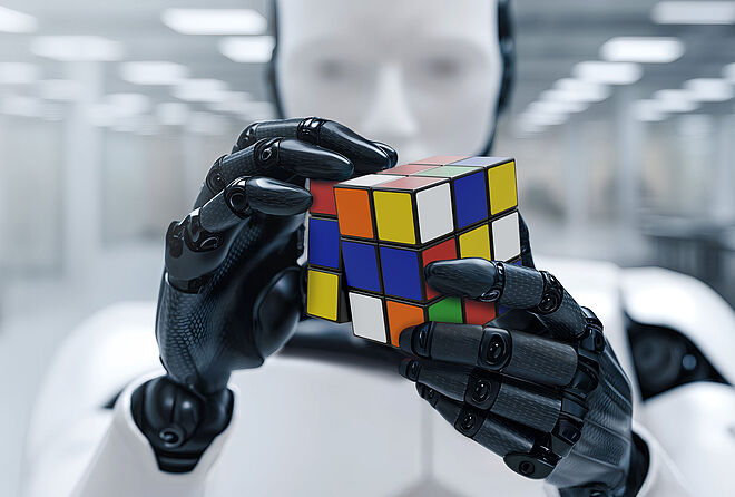 仿人机器人 FAULHABER 活动的视觉效果 一个类人机器人在明亮现代的生产环境中灵巧地解开魔方——“人形机器人”宣传活动的主视觉图。